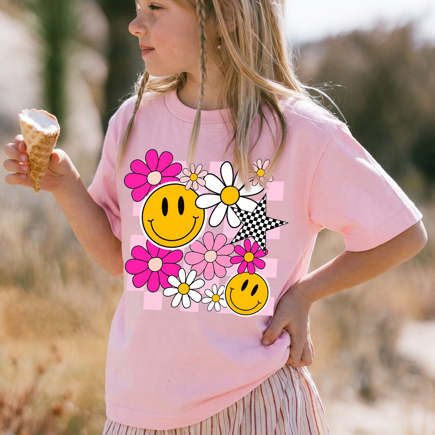 Personalized Kids Cute Daisy Smiley Face Flower Graphic T-shirt