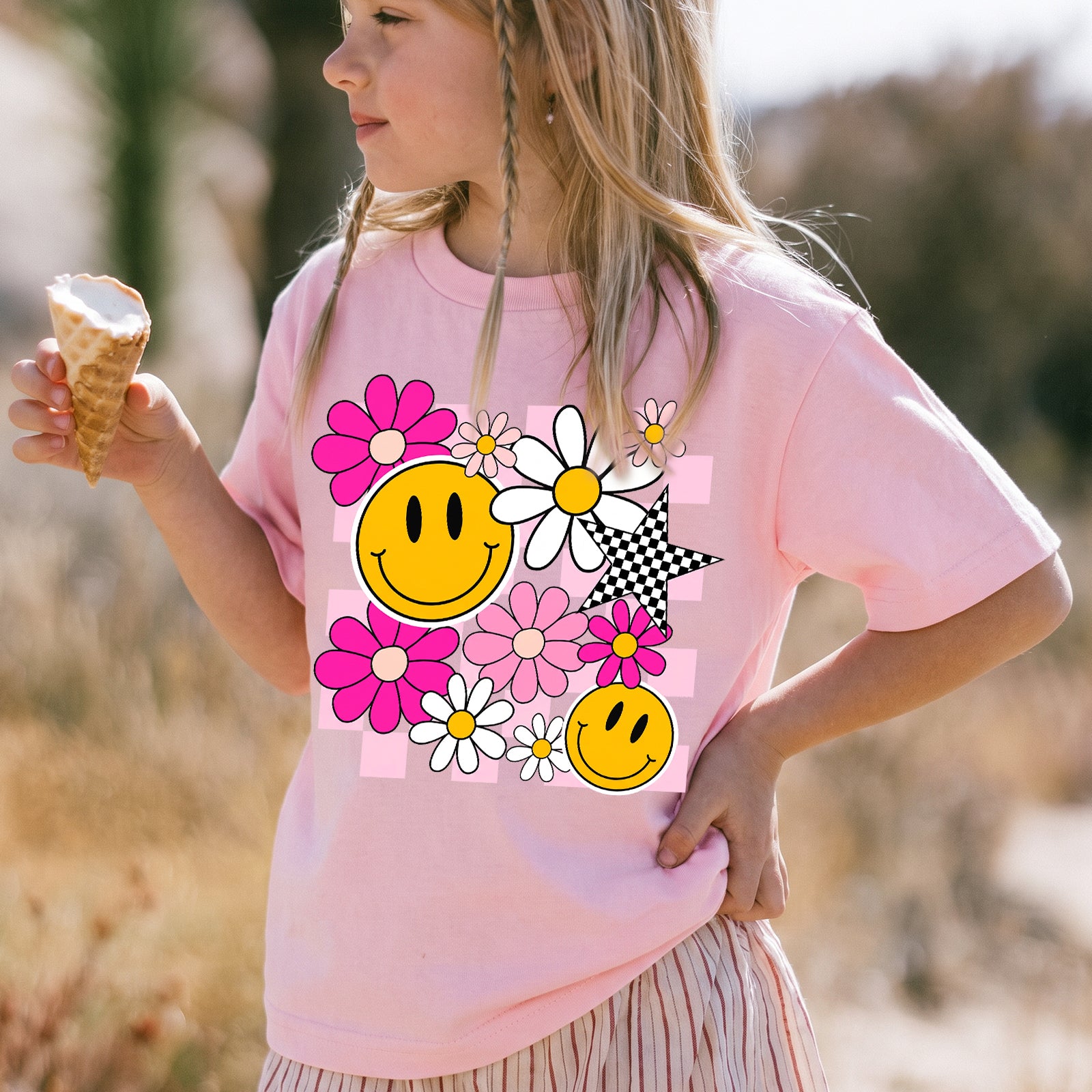 Personalized Kids Cute Daisy Smiley Face Flower Graphic T-shirt