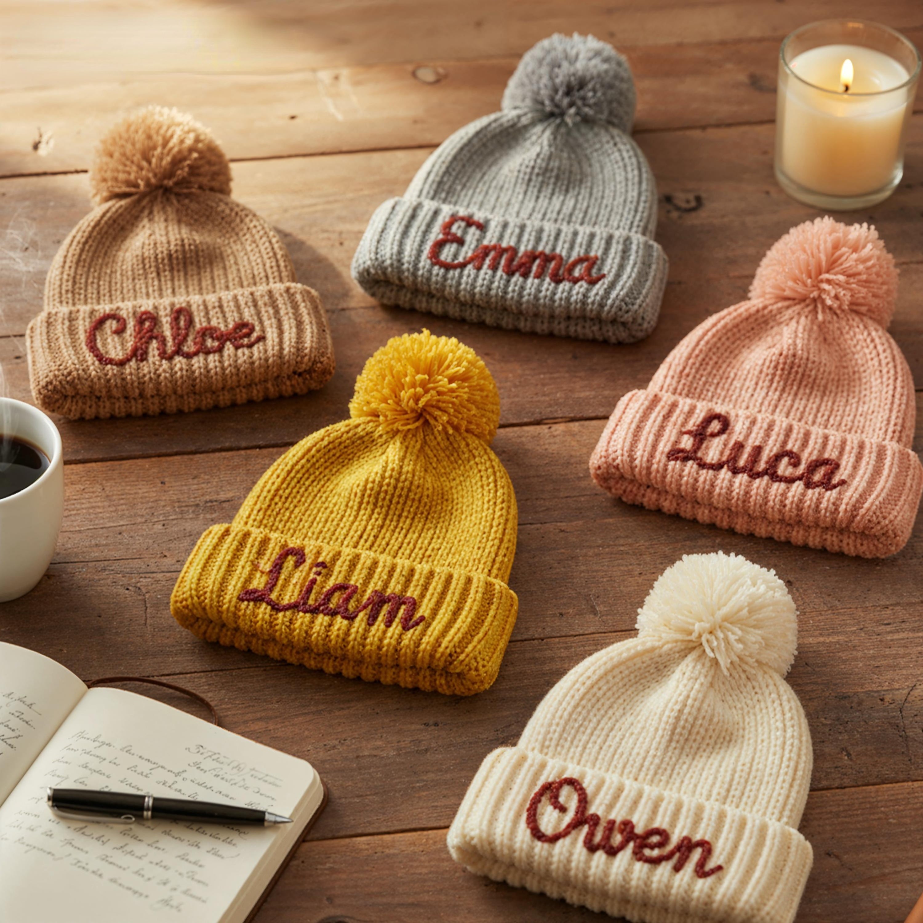 Personalized Hand-Embroidered Kids Pom Pom Knit Beanie