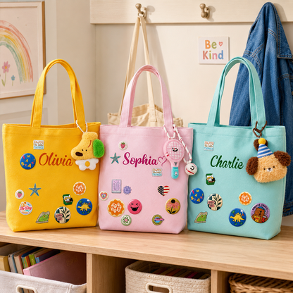 Personalized Embroidered Name Canvas Tote Bag with Decorative Badges
