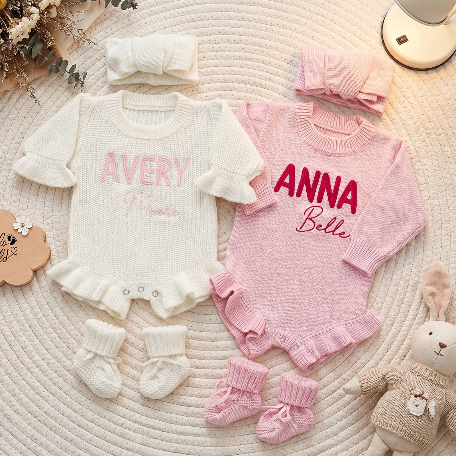 Personalized Baby Girl Embroidered Knit Romper Set