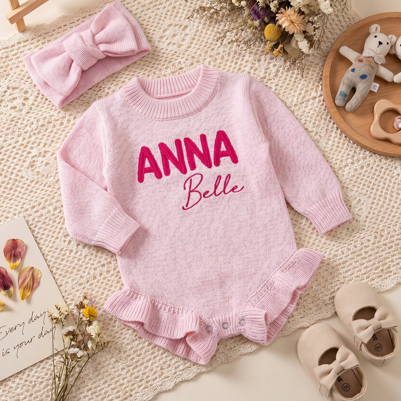 Personalized Baby Girl Embroidered Knit Romper Set