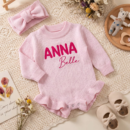 Personalized Baby Girl Embroidered Knit Romper Set