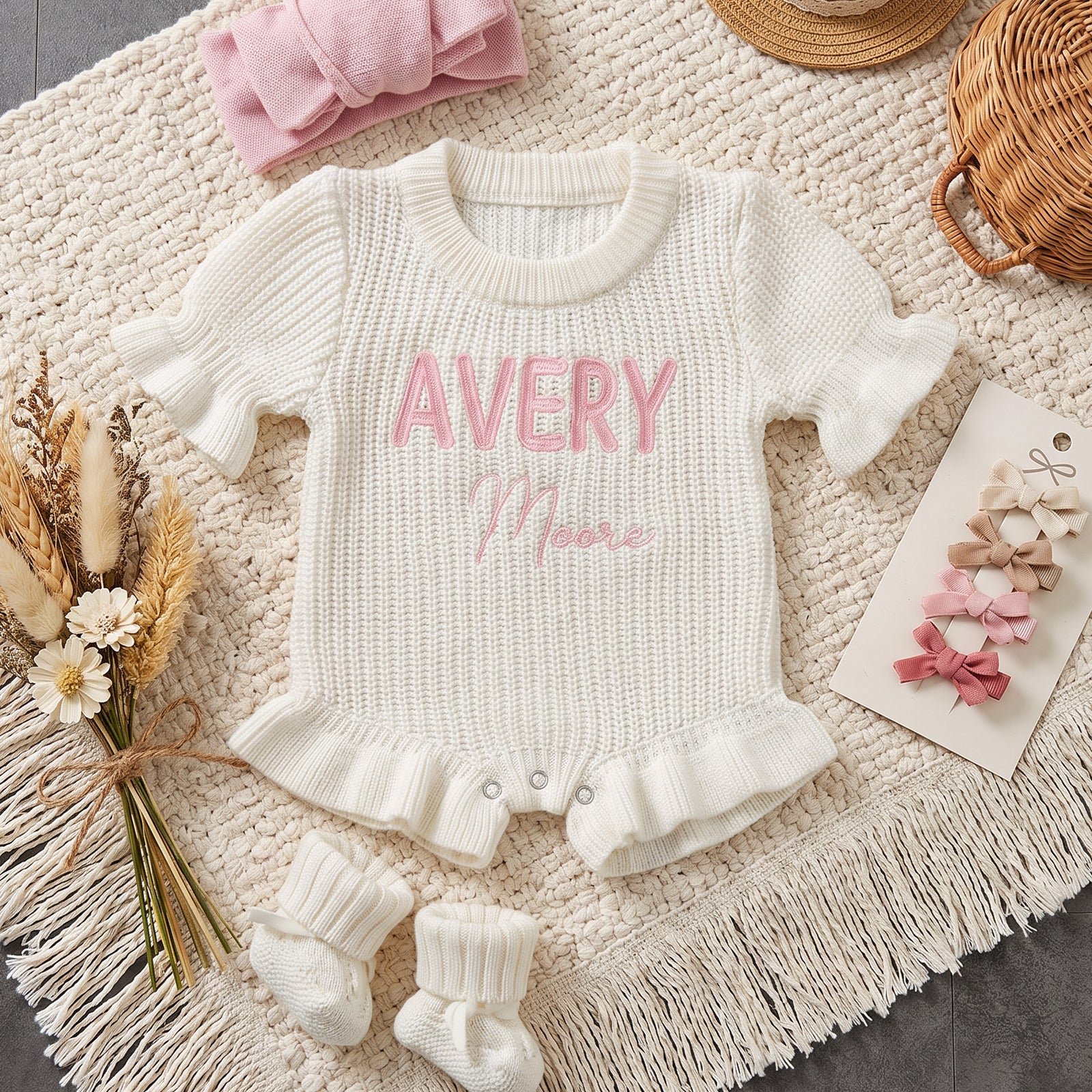 Personalized Baby Girl Embroidered Knit Romper Set