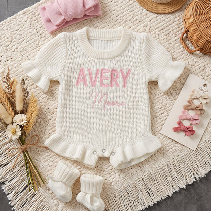 Personalized Baby Girl Embroidered Knit Romper Set