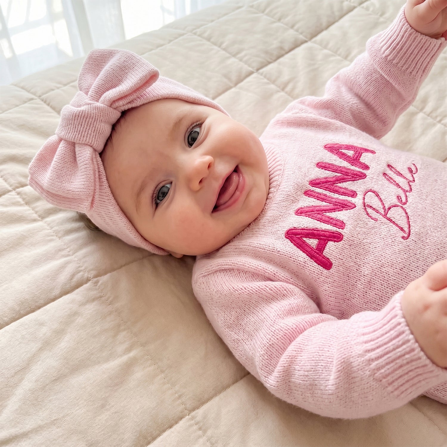 Personalized Baby Girl Embroidered Knit Romper Set