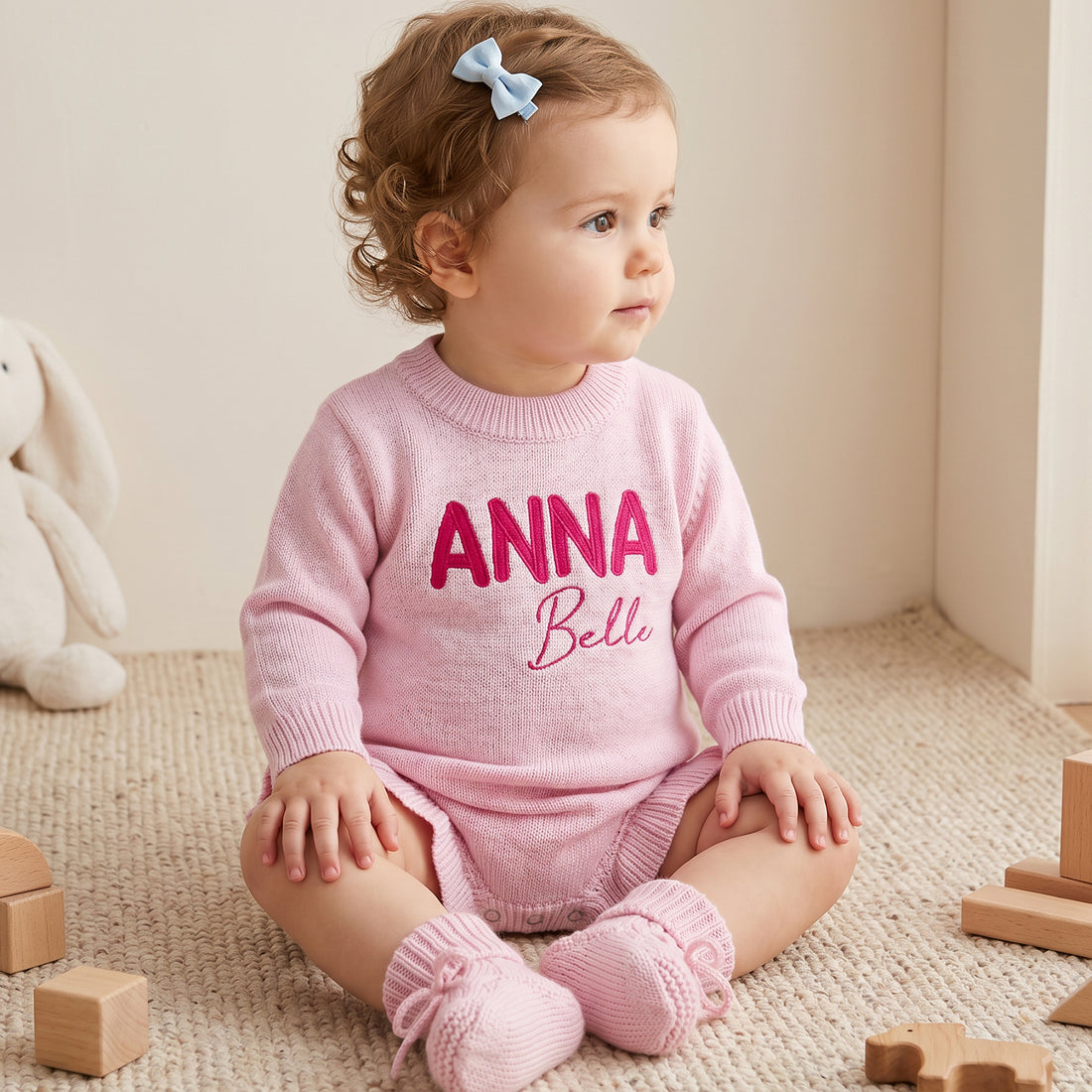 Personalized Baby Girl Embroidered Knit Romper Set