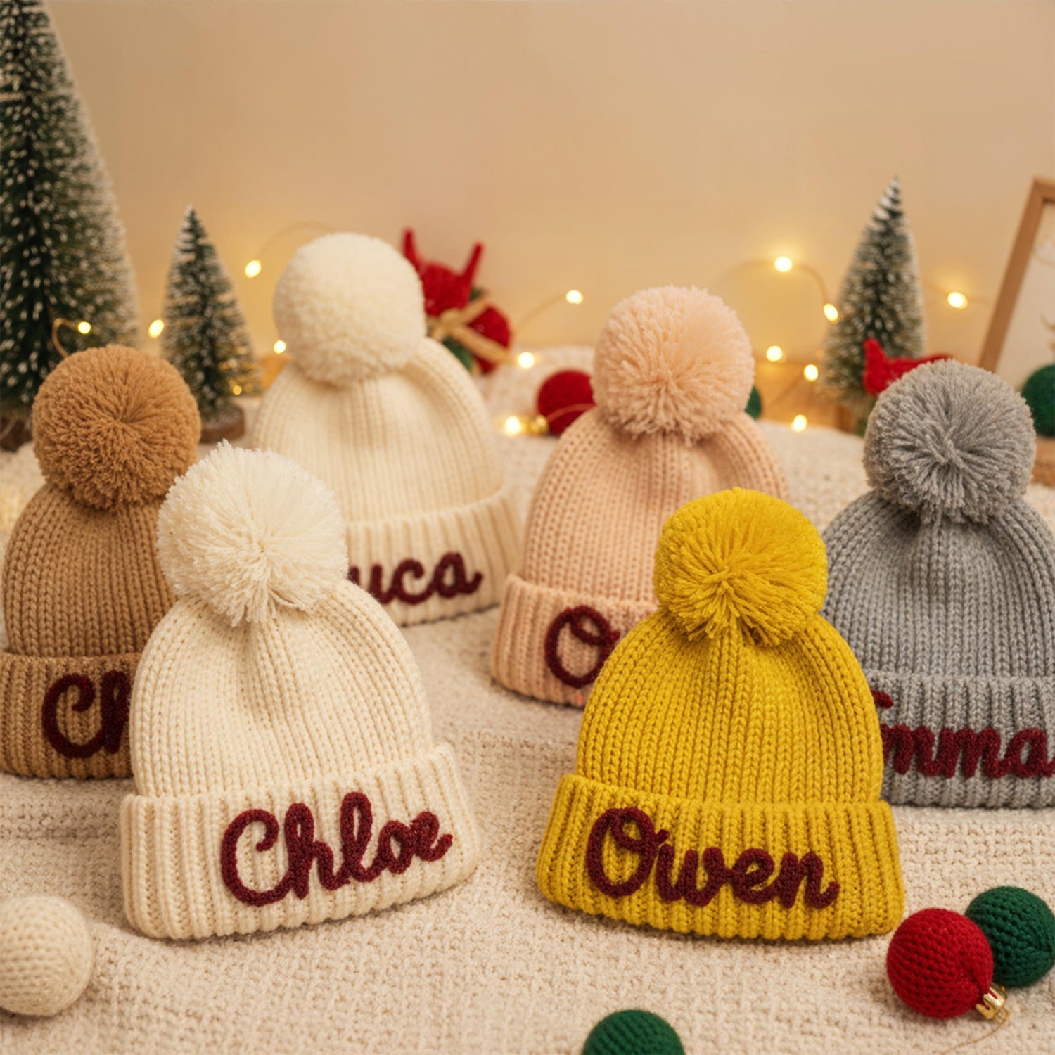 Personalized Hand-Embroidered Kids Pom Pom Knit Beanie