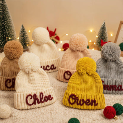 Personalized Hand-Embroidered Kids Pom Pom Knit Beanie