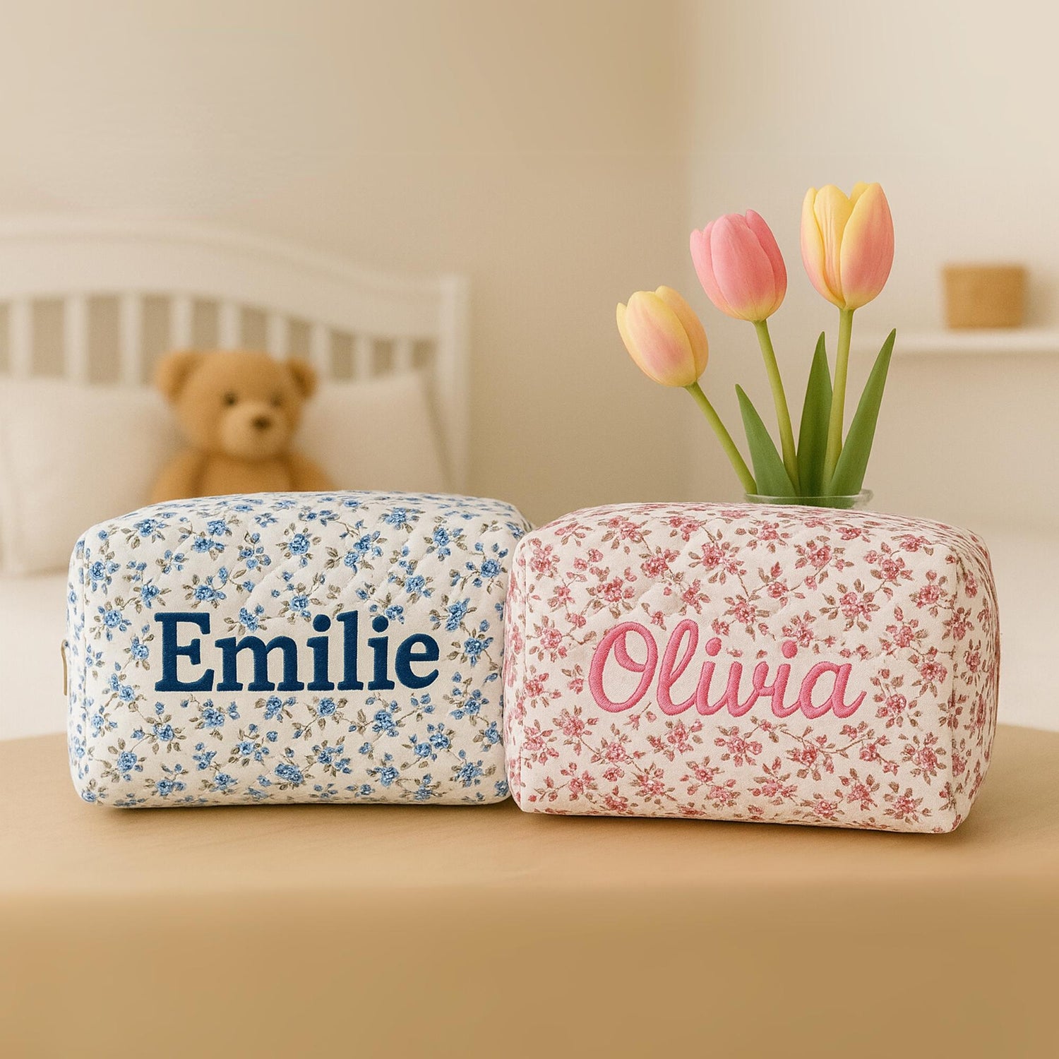 Personalized Kids Floral Quilted Storage Pouch