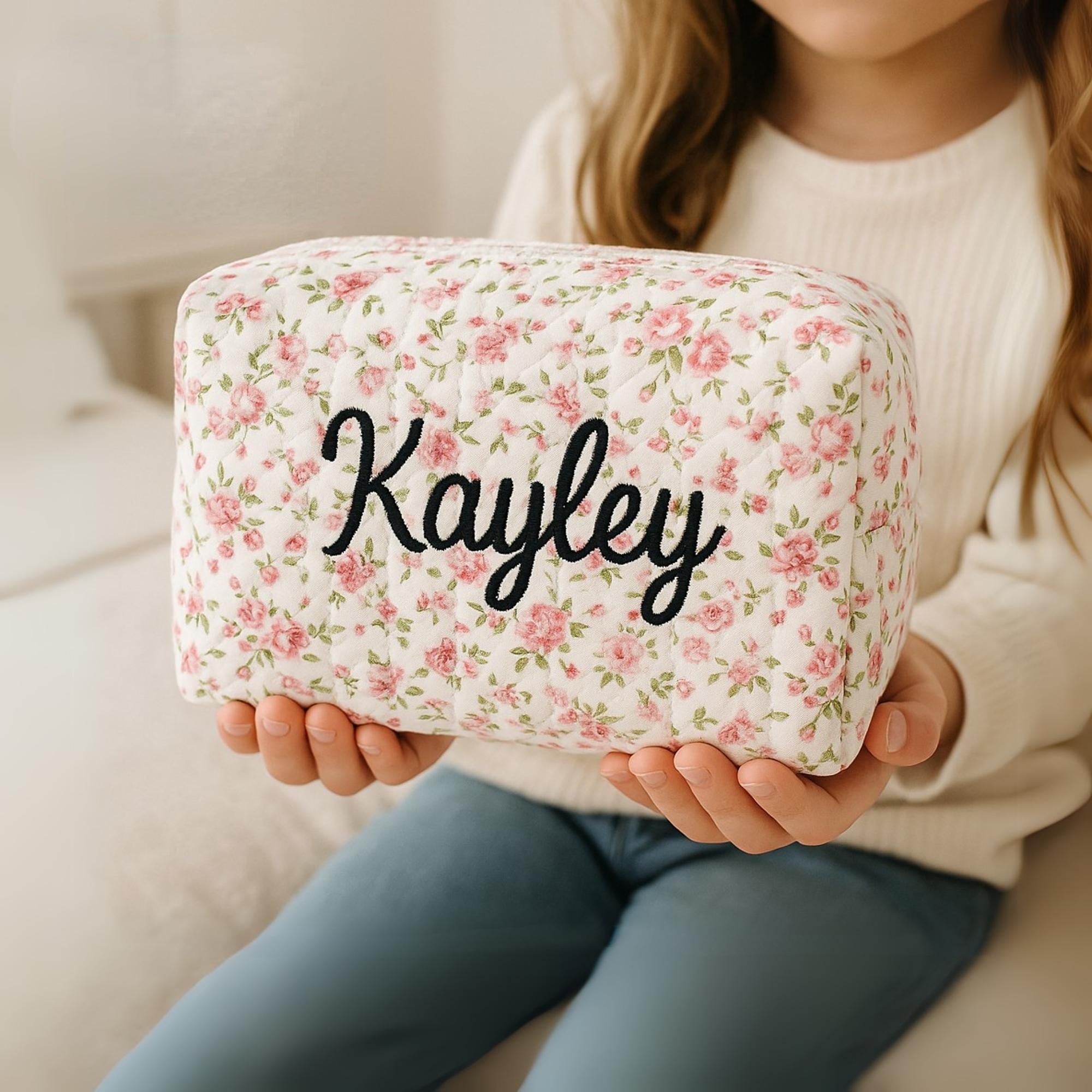 Personalized Kids Floral Quilted Storage Pouch