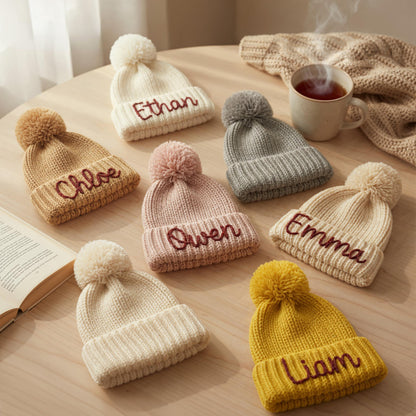 Personalized Hand-Embroidered Kids Pom Pom Knit Beanie