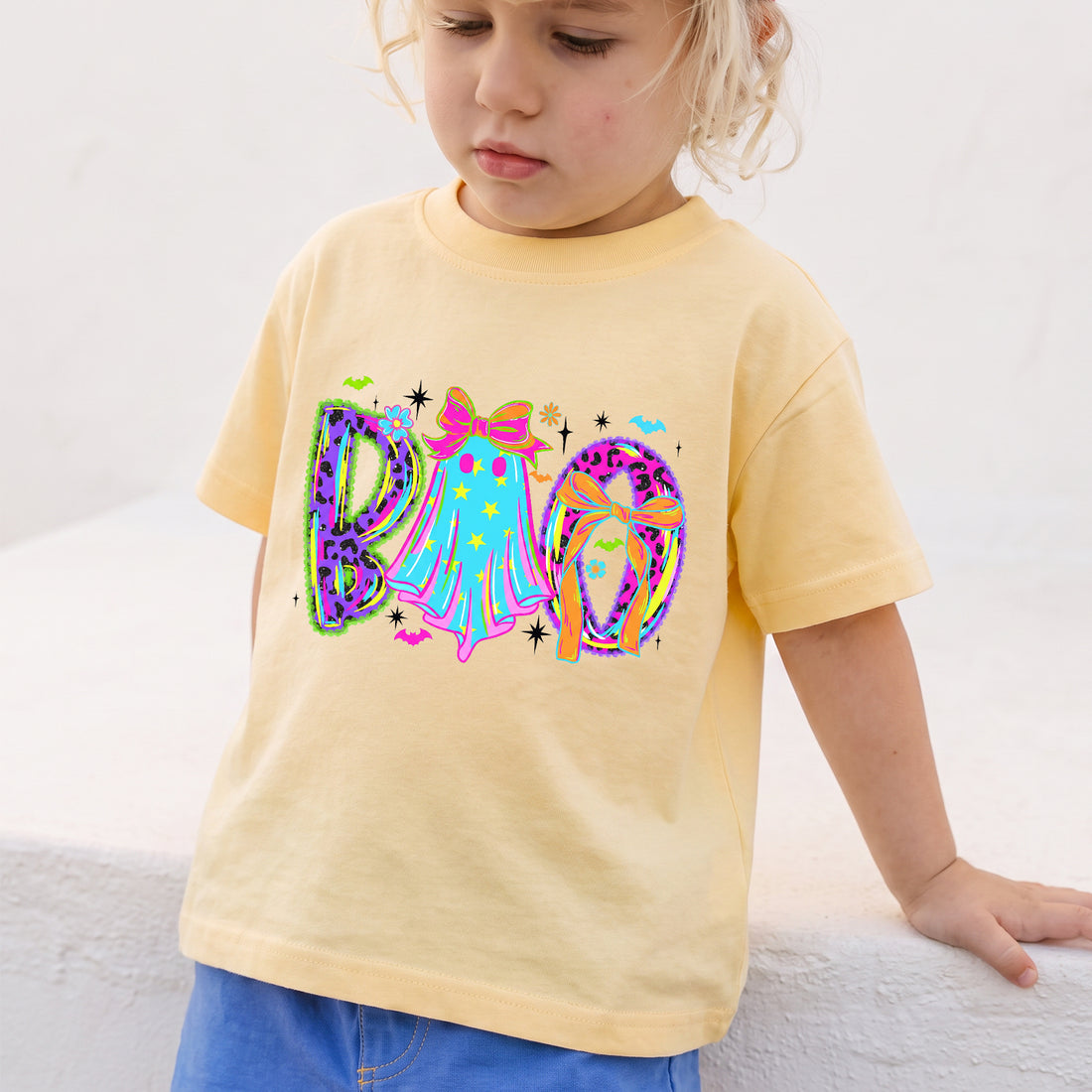 Personalized Kids Neon Retro Boo Halloween Graphic T-shirt
