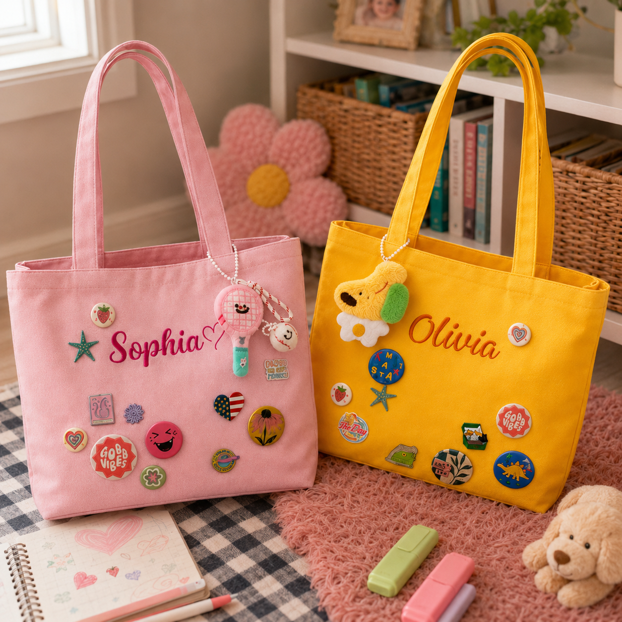 Personalized Embroidered Name Canvas Tote Bag with Decorative Badges