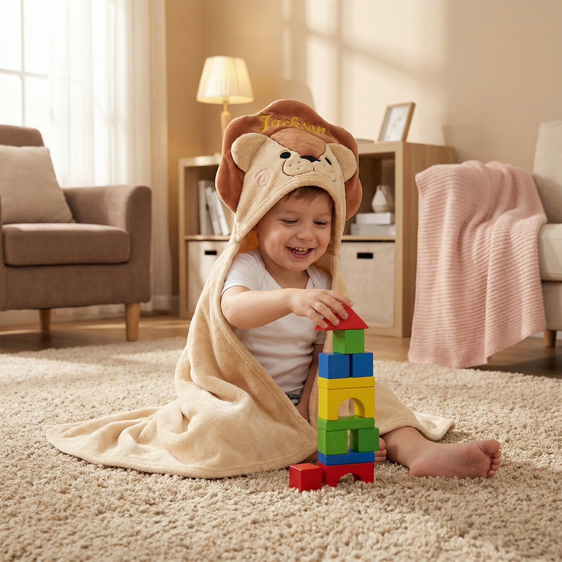 Personalized Lion Hooded Bath Towel with Name