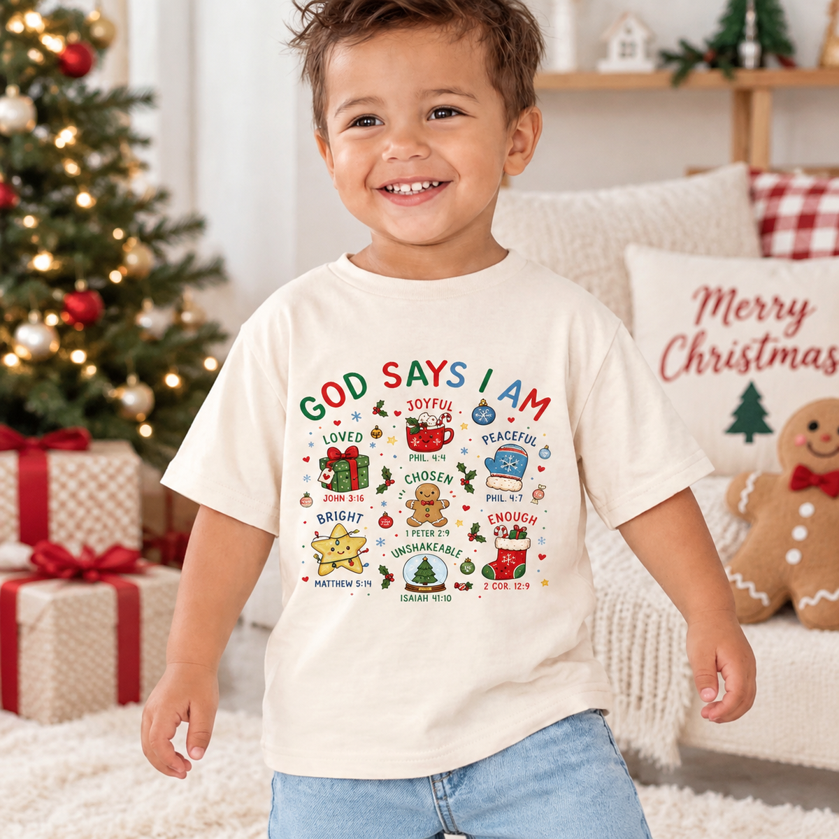 Personalized Kids Merry Christmas Graphic T-Shirt