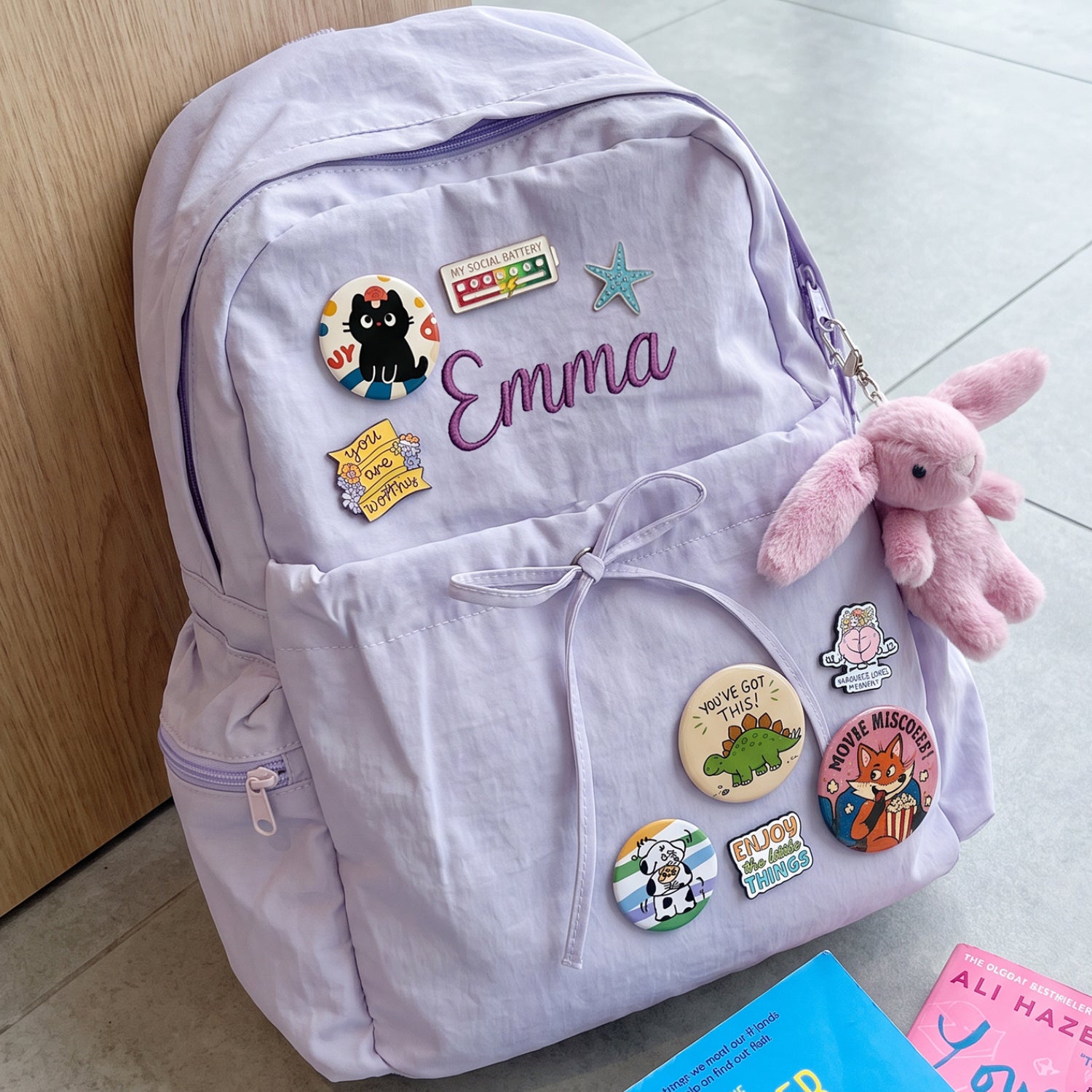 Personalized Kids Backpack with Embroidered Name and Badge Pins