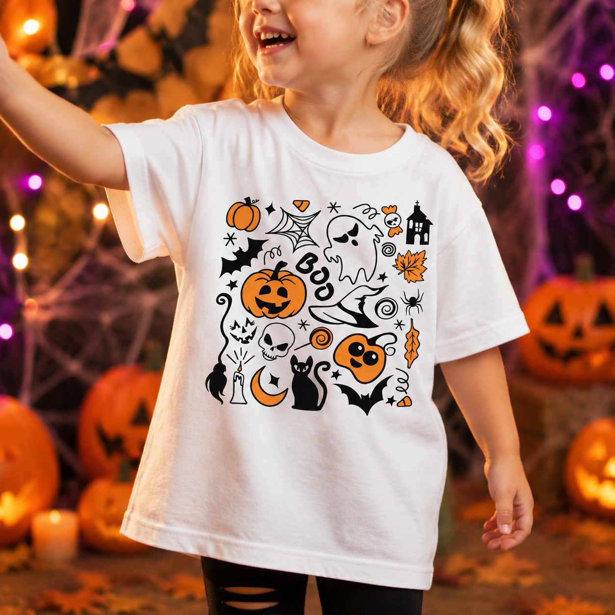 Personalized Kids Halloween Doodle Graphic T-Shirt