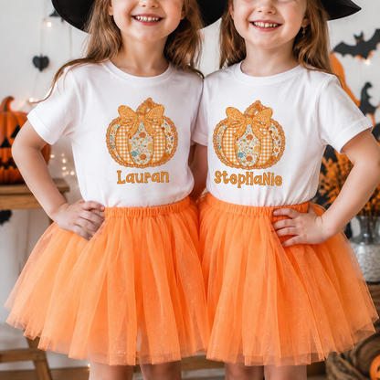Personalized Kids Pumpkin Bow Halloween Graphic T-Shirt