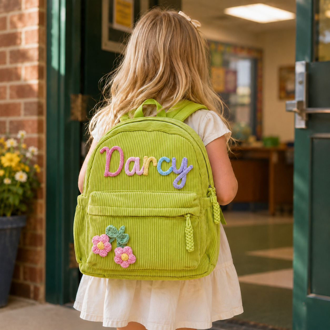 Personalized Kids Corduroy Backpack With Crochet Patches