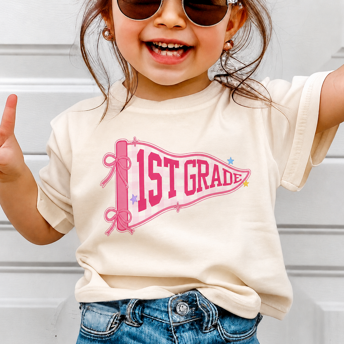 Personalized 1st Grade Pink Pennant T-Shirt
