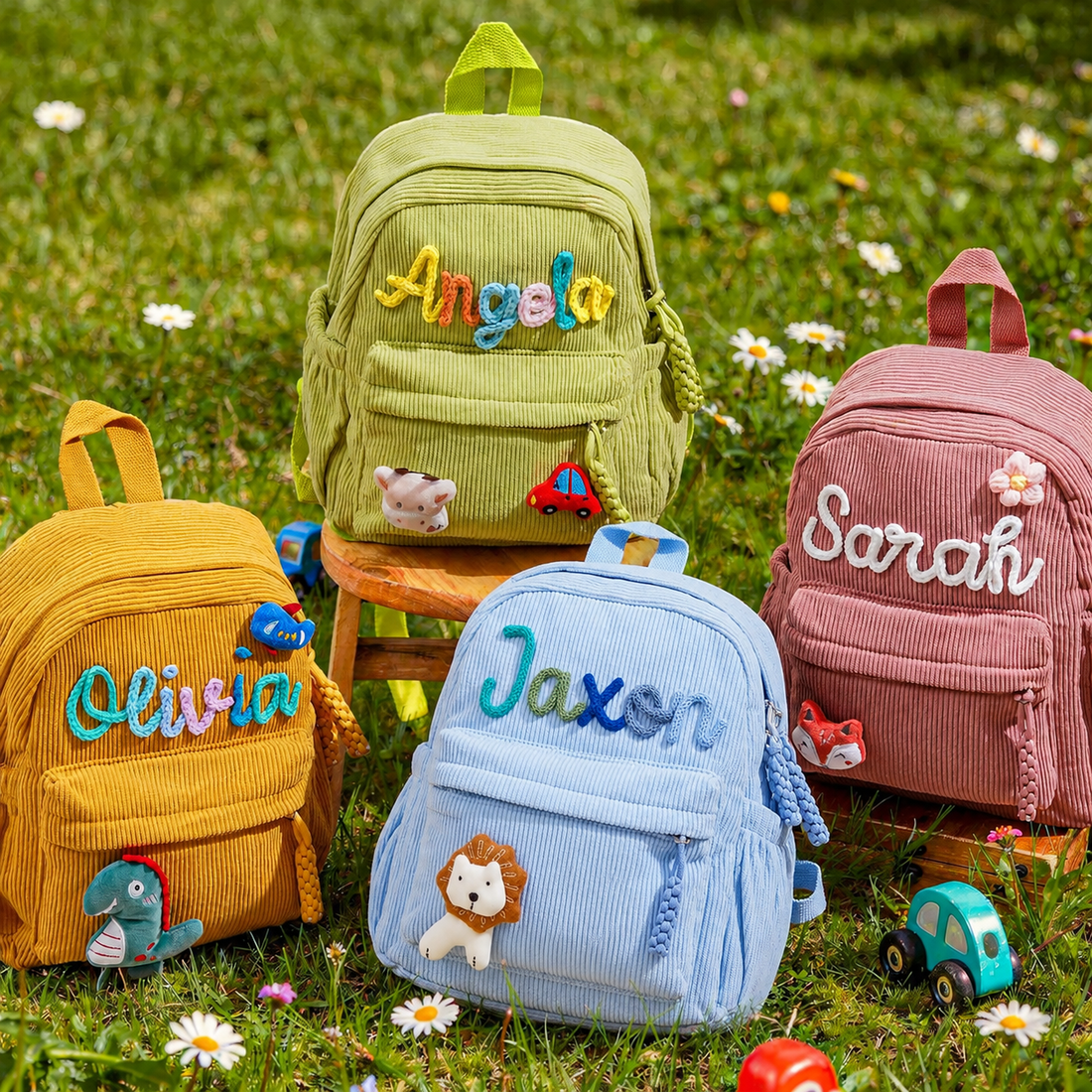 Personalized Kids Corduroy Backpack With Crochet Patches