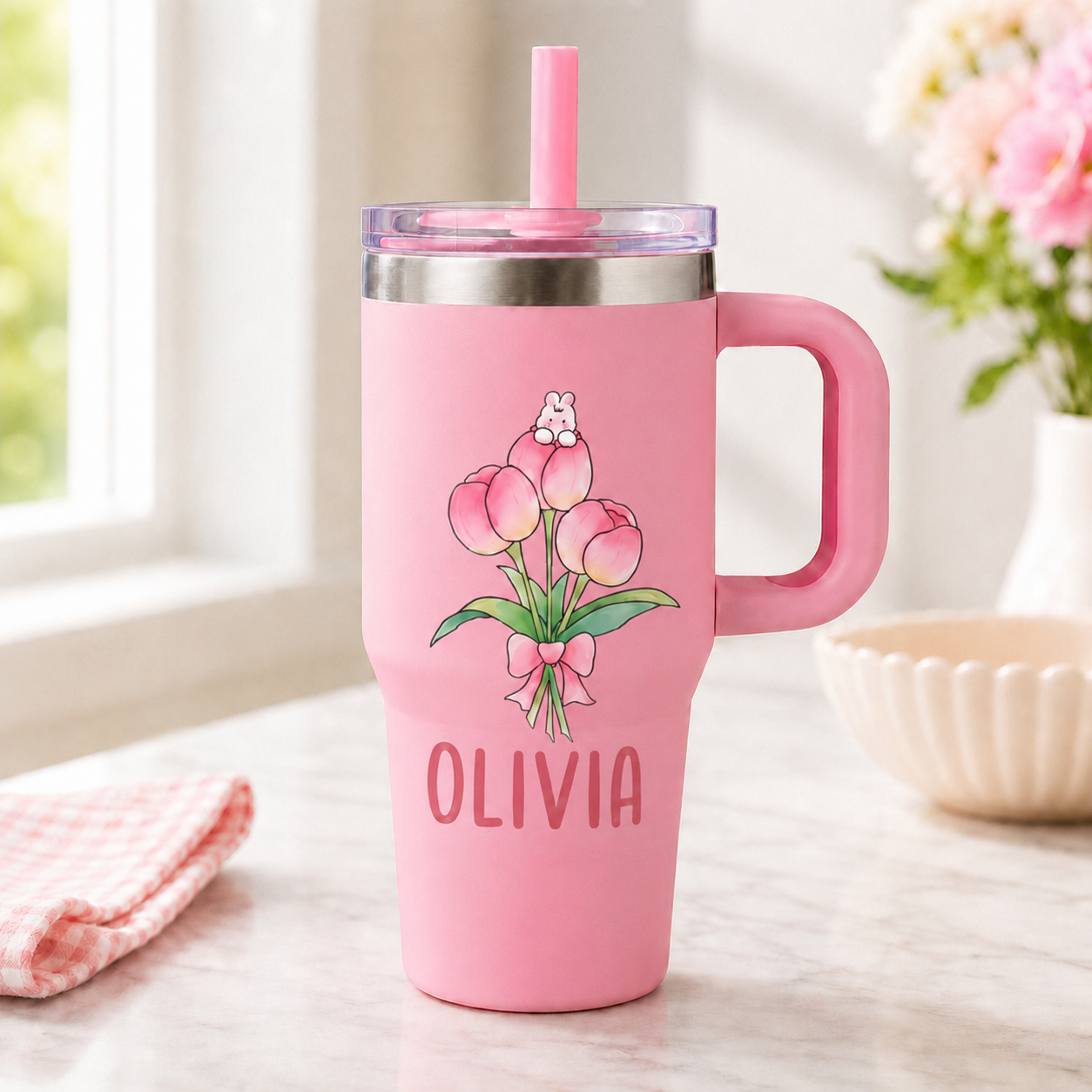 Personalized Kids Birth Flower Tumbler with Straw