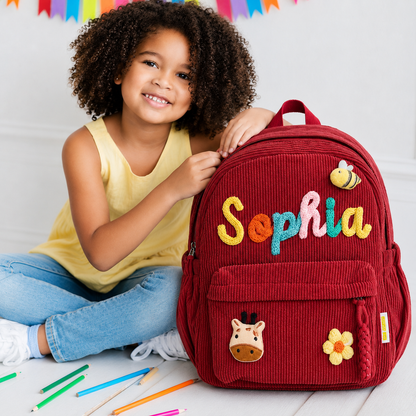 Personalized Kids Corduroy Backpack With Crochet Patches