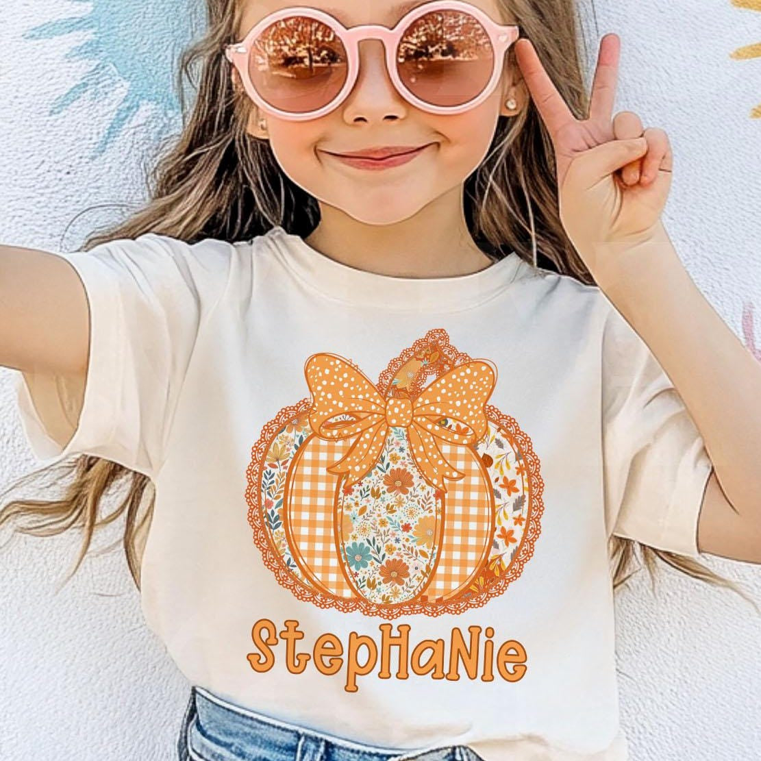 Personalized Kids Pumpkin Bow Halloween Graphic T-Shirt