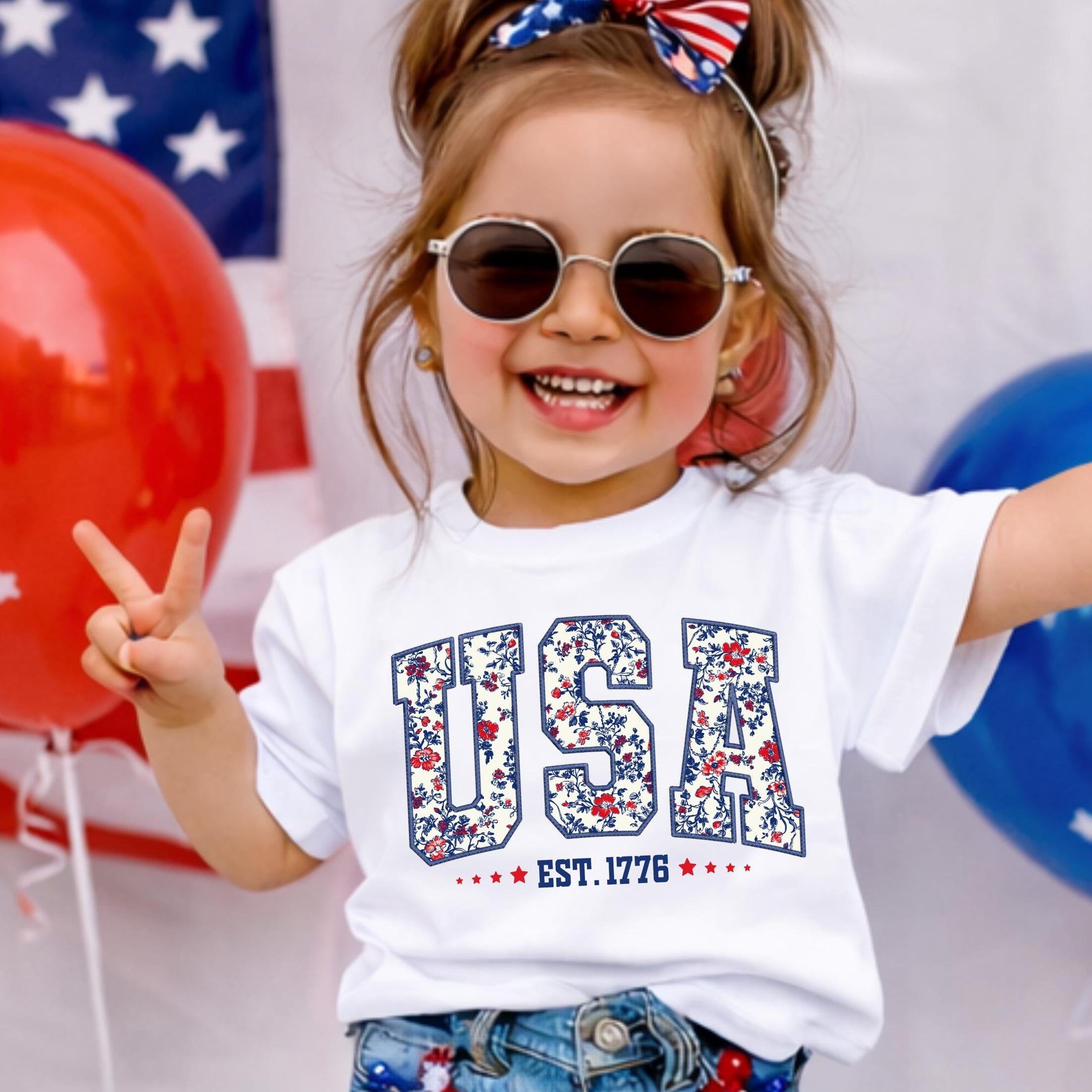 USA Est. 1776 Floral Patriotic Kids T-Shirt