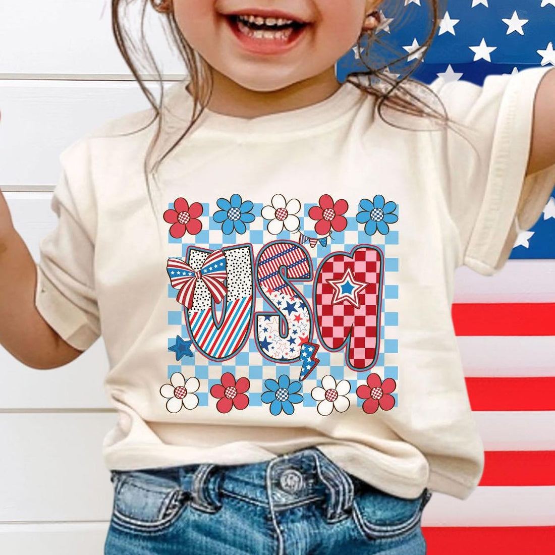 4th of July Floral USA Flag T-Shirt for Kids
