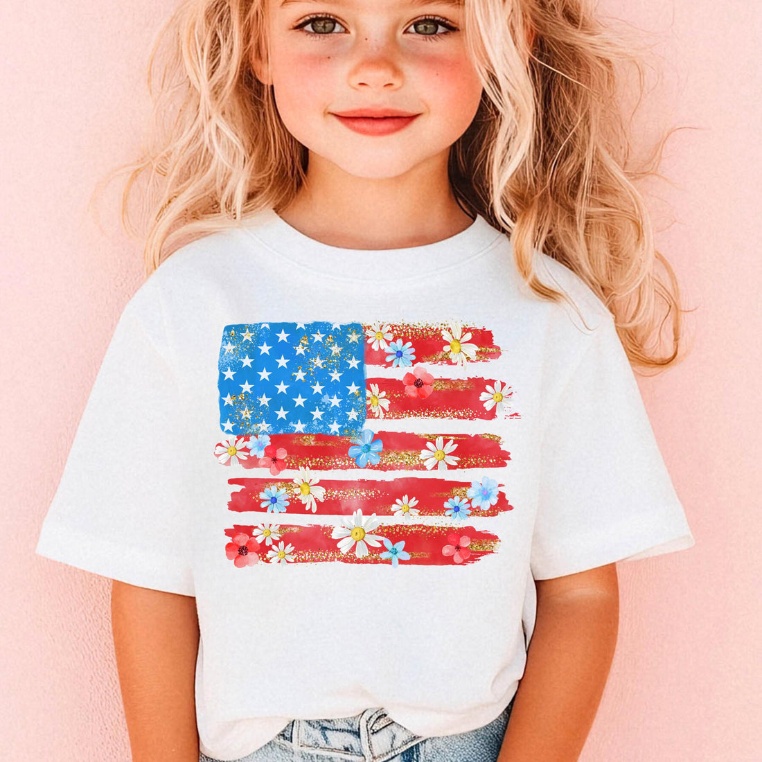 Cute Floral American Flag 4th of July Patriotic Kids T-Shirt