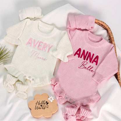 Personalized Baby Girl Embroidered Knit Romper Set - Sokidsun