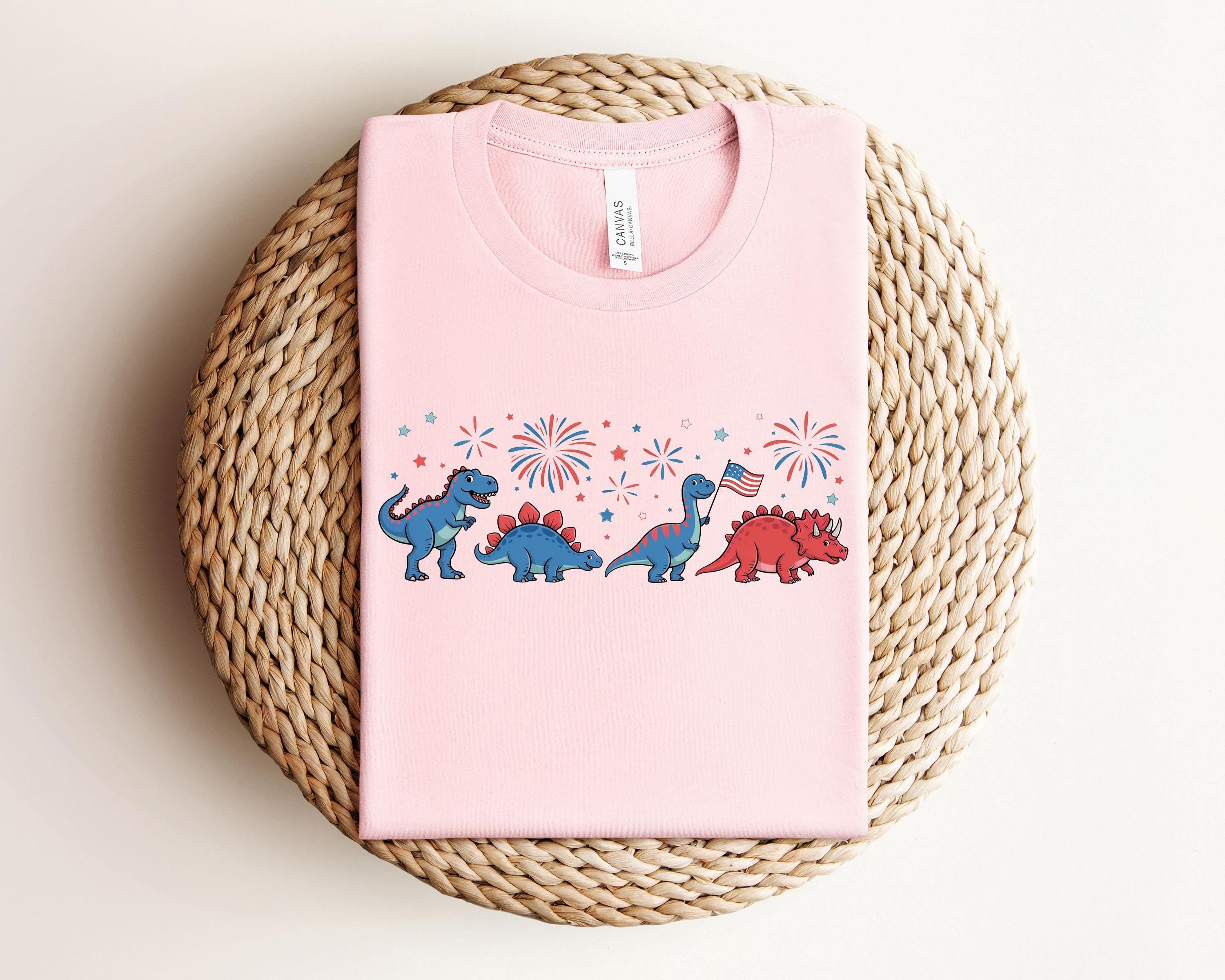 USA Flag Fireworks Patriotic Dino Kids T-Shirt