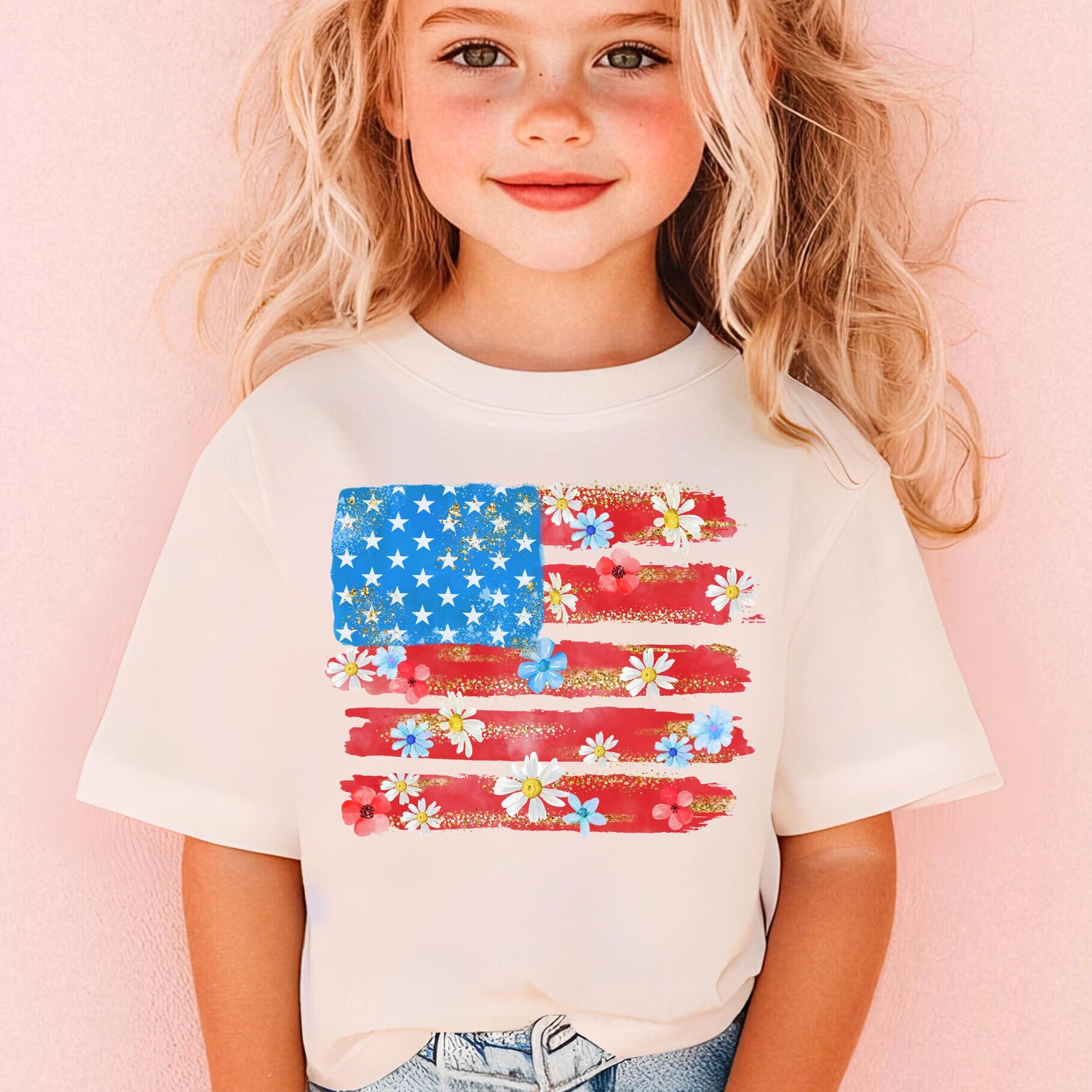 Cute Floral American Flag 4th of July Patriotic Kids T-Shirt