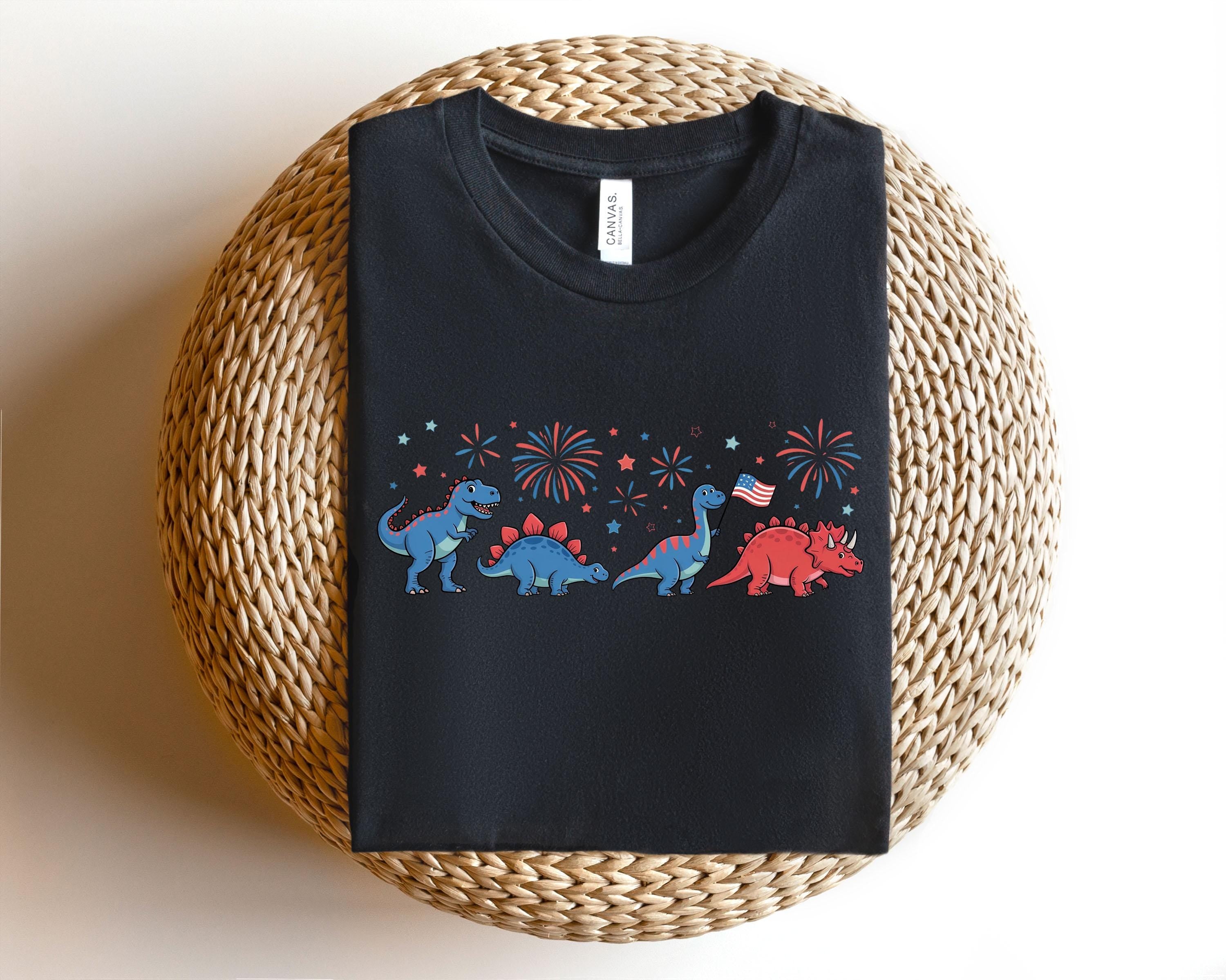 USA Flag Fireworks Patriotic Dino Kids T-Shirt