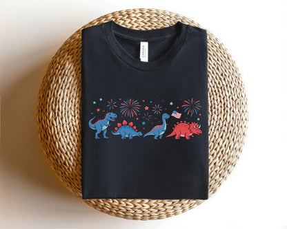 USA Flag Fireworks Patriotic Dino Kids T-Shirt