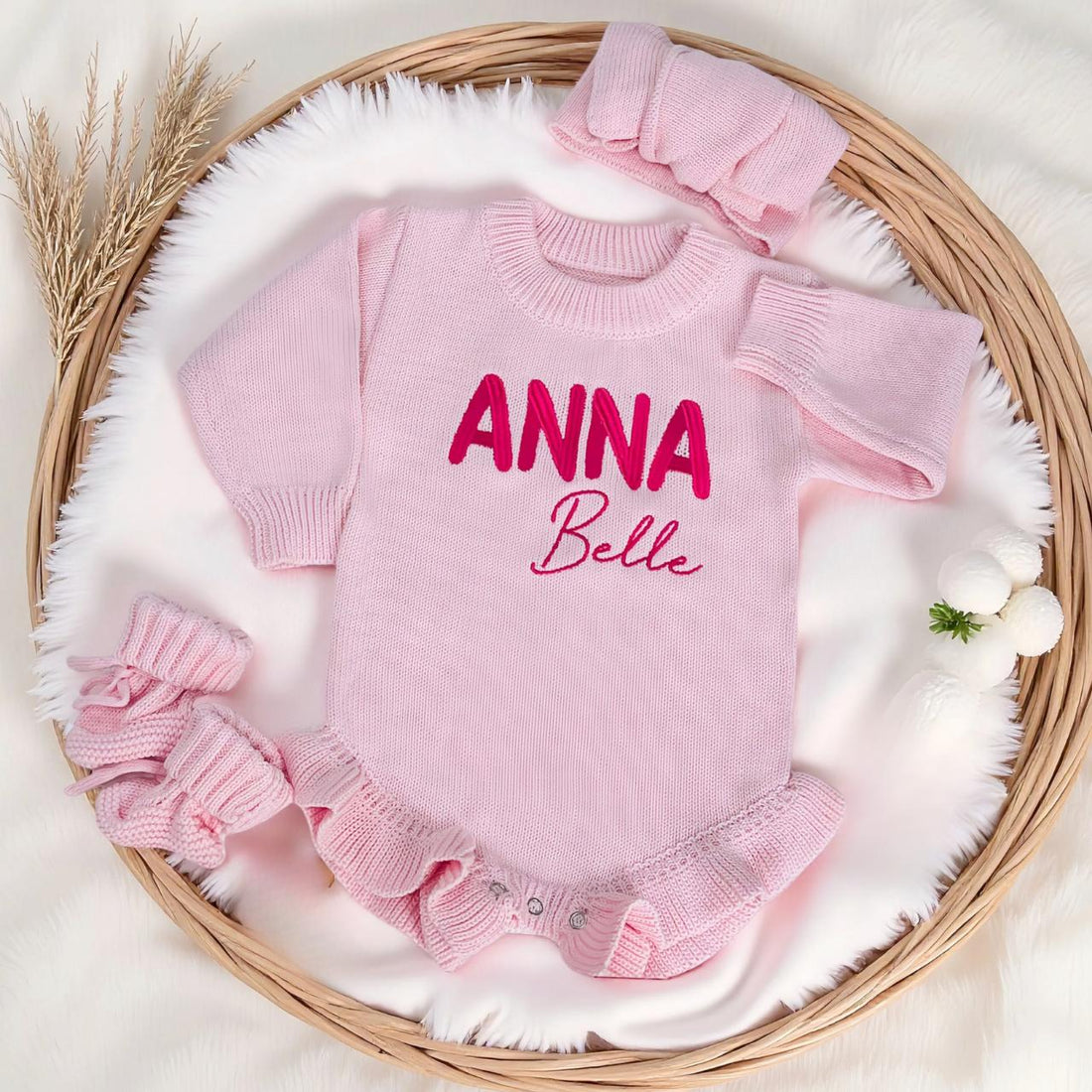 Personalized Baby Girl Embroidered Knit Romper Set