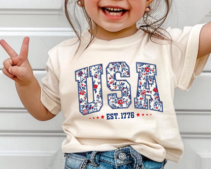 USA Est. 1776 Floral Patriotic Kids T-Shirt