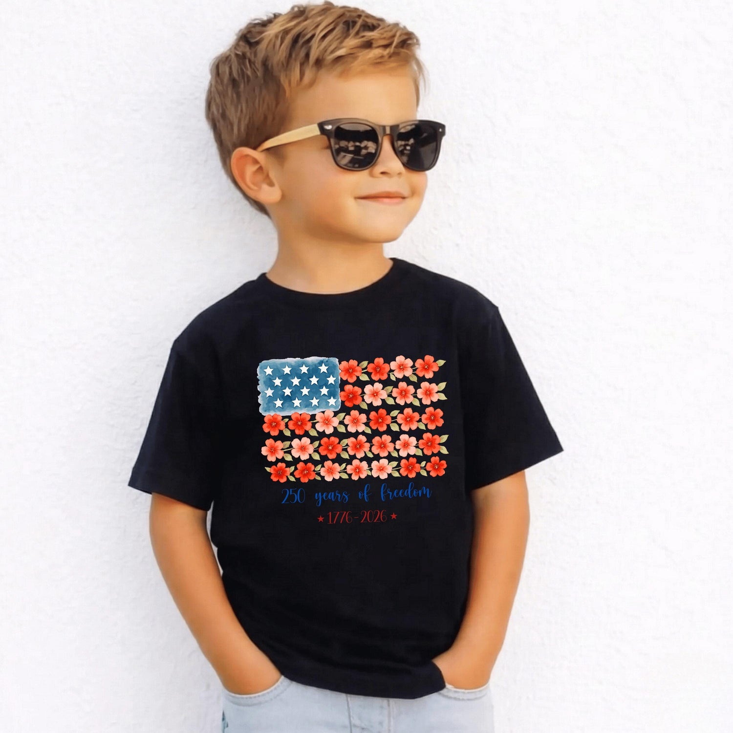 Kids Floral American Flag T-Shirt