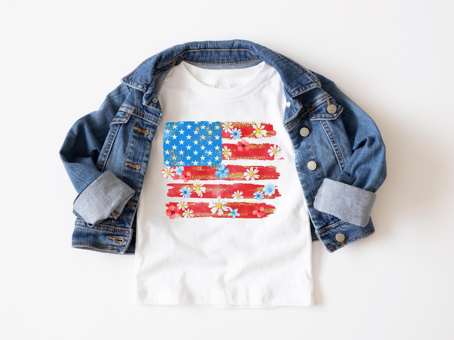 Cute Floral American Flag 4th of July Patriotic Kids T-Shirt
