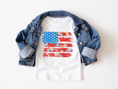 Cute Floral American Flag 4th of July Patriotic Kids T-Shirt
