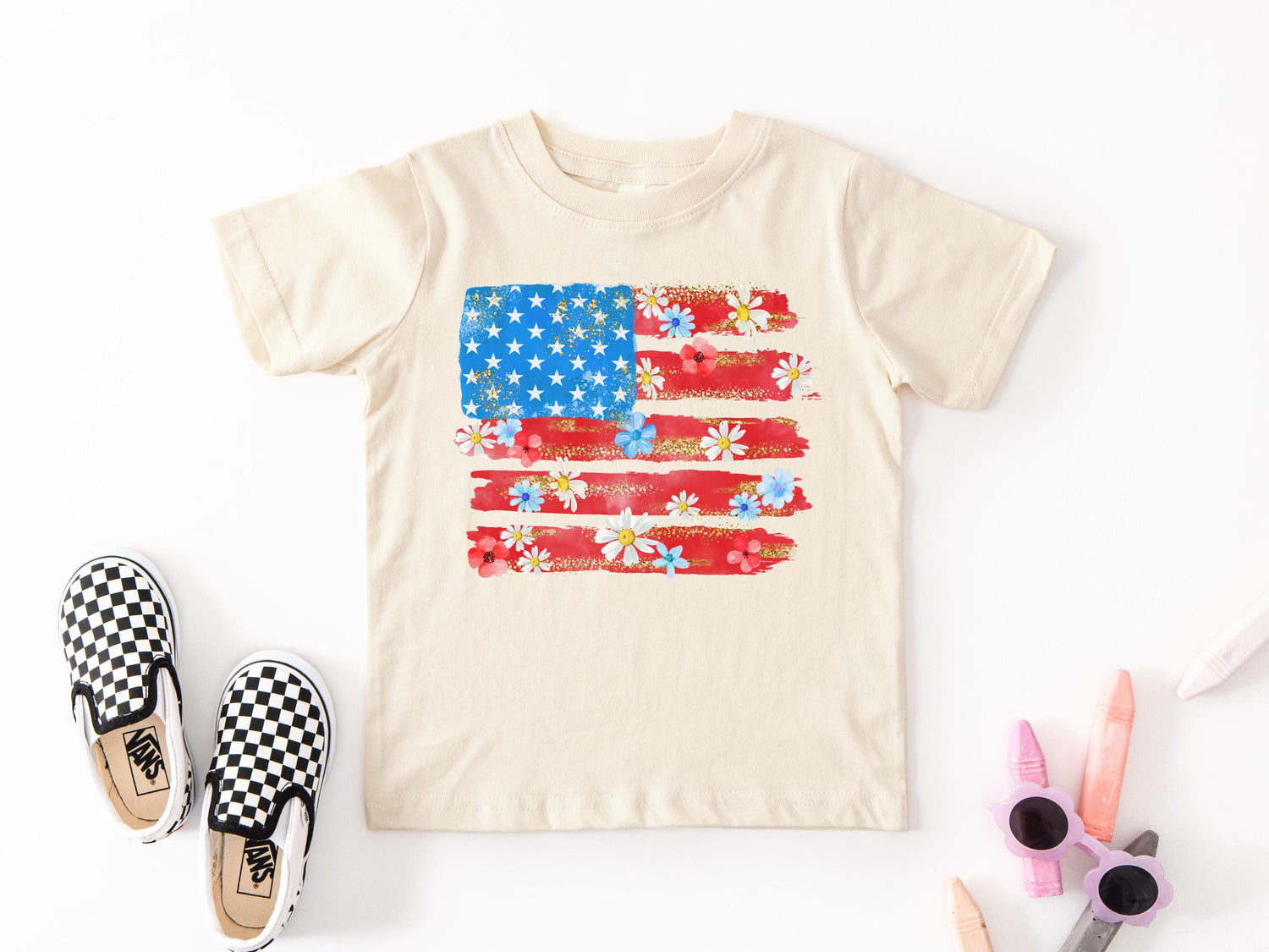 Cute Floral American Flag 4th of July Patriotic Kids T-Shirt
