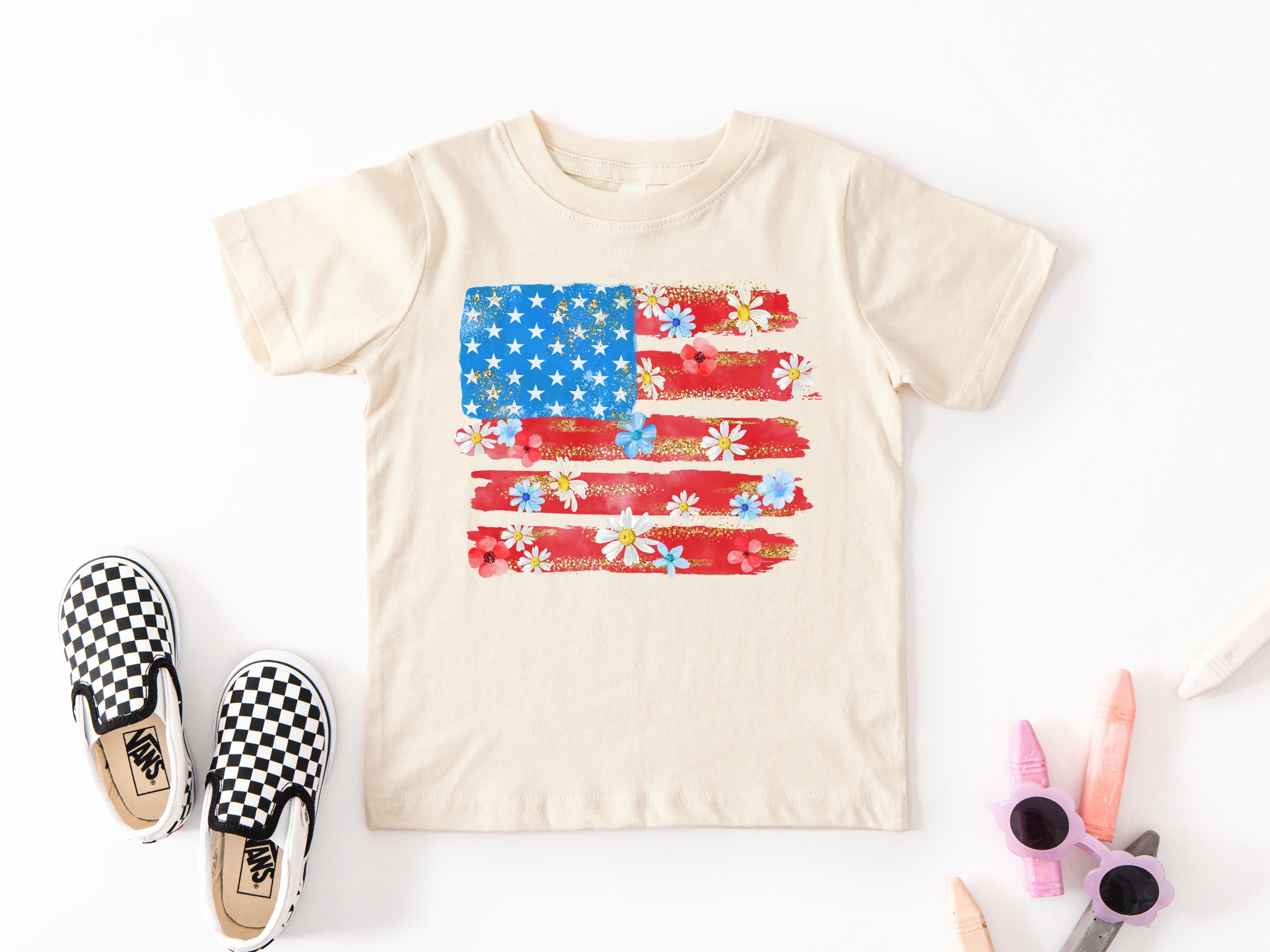 Cute Floral American Flag 4th of July Patriotic Kids T-Shirt