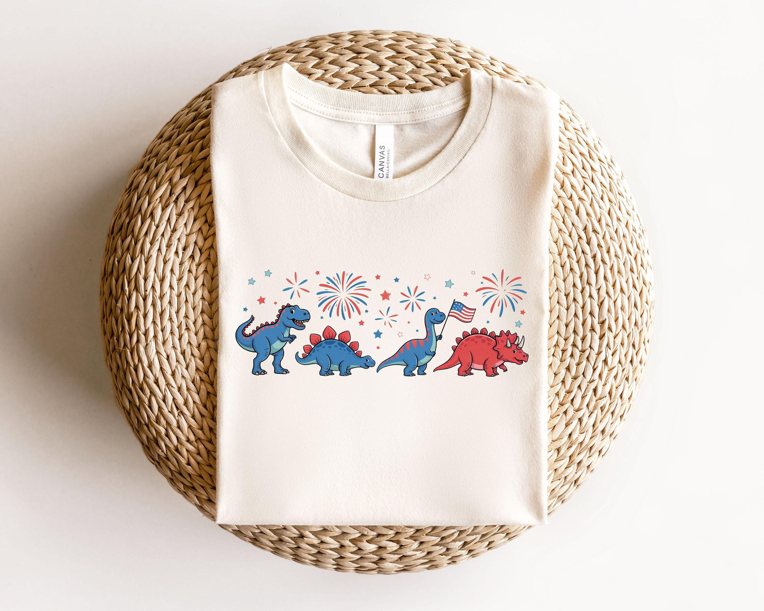 USA Flag Fireworks Patriotic Dino Kids T-Shirt