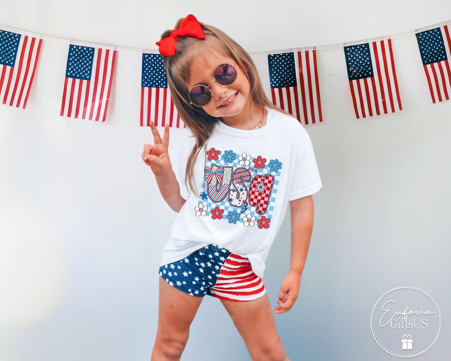 4th of July Floral USA Flag T-Shirt for Kids