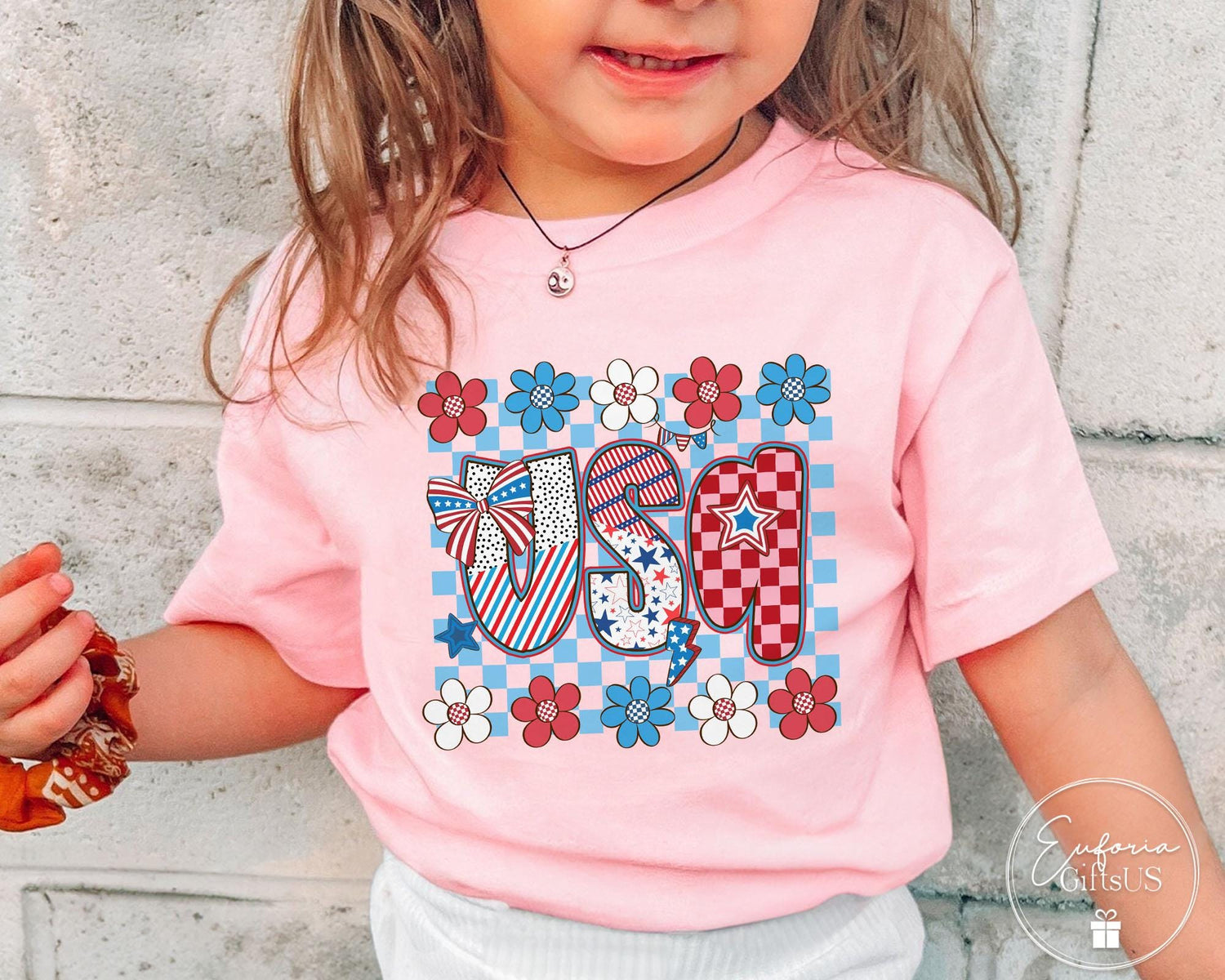 4th of July Floral USA Flag T-Shirt for Kids