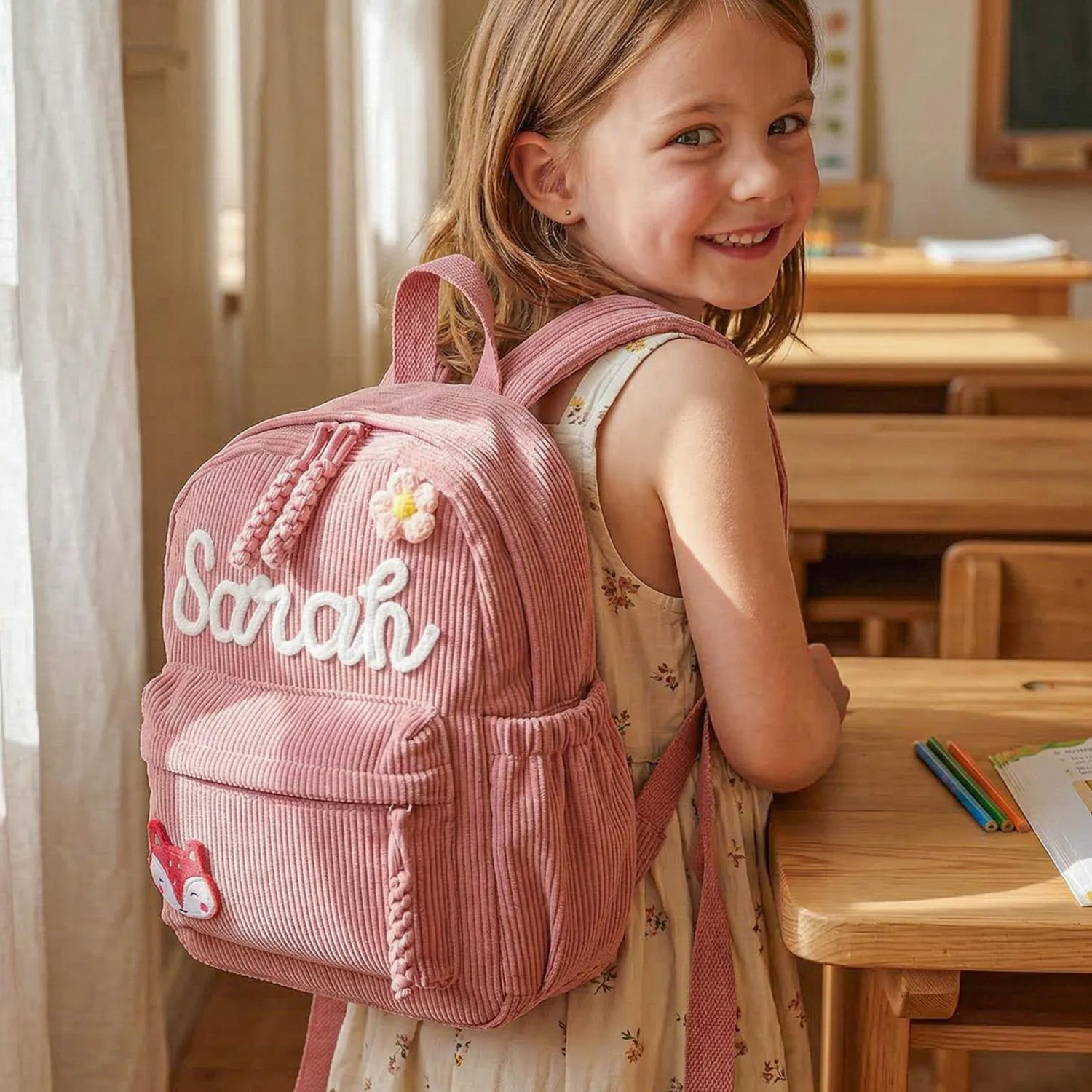Personalized Kids Corduroy Backpack With Crochet Patches