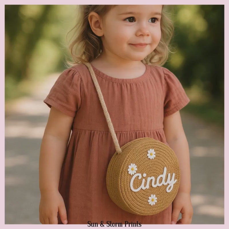 Personalized Kids Round Straw Crossbody Bag