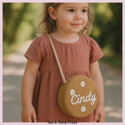Personalized Kids Round Straw Crossbody Bag